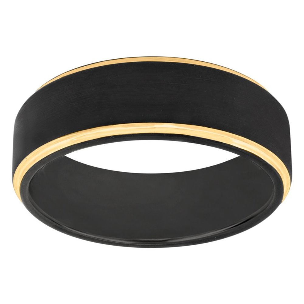 Tungsten Black Yellow Tone Mens Beveled Edges Brushed Comfort-fit Wedding Band